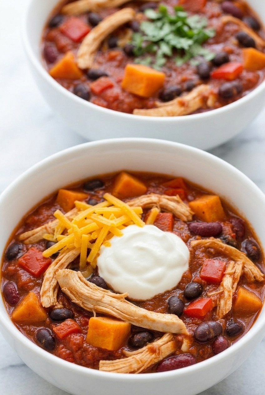 slow cooker sweet potato chicken chili dinner scene