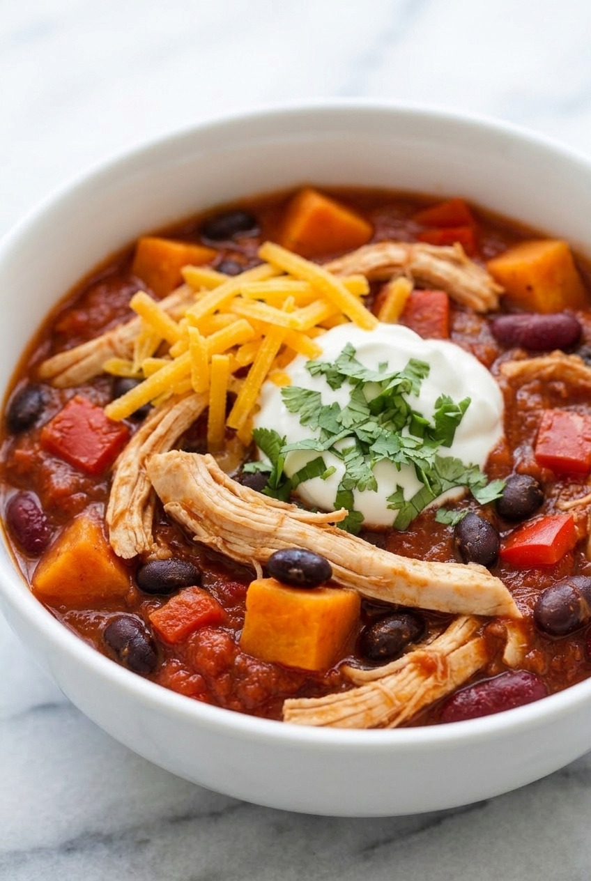 slow cooker sweet potato chicken chili side view