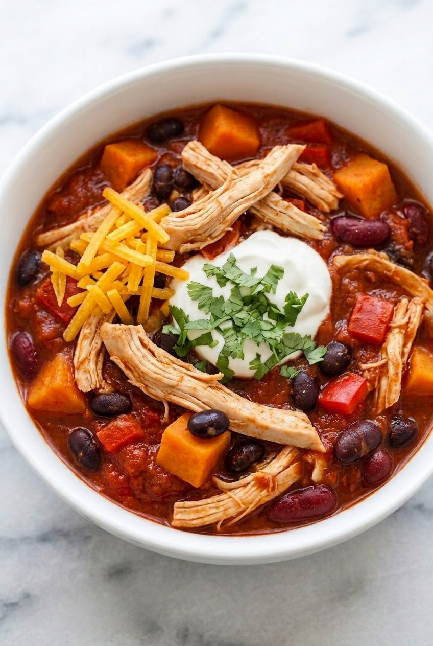 slow cooker sweet potato chicken chili served