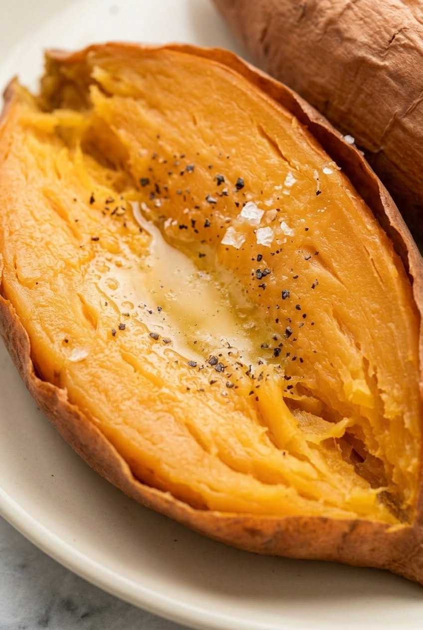 slow cooker whole baked sweet potatoes close up
