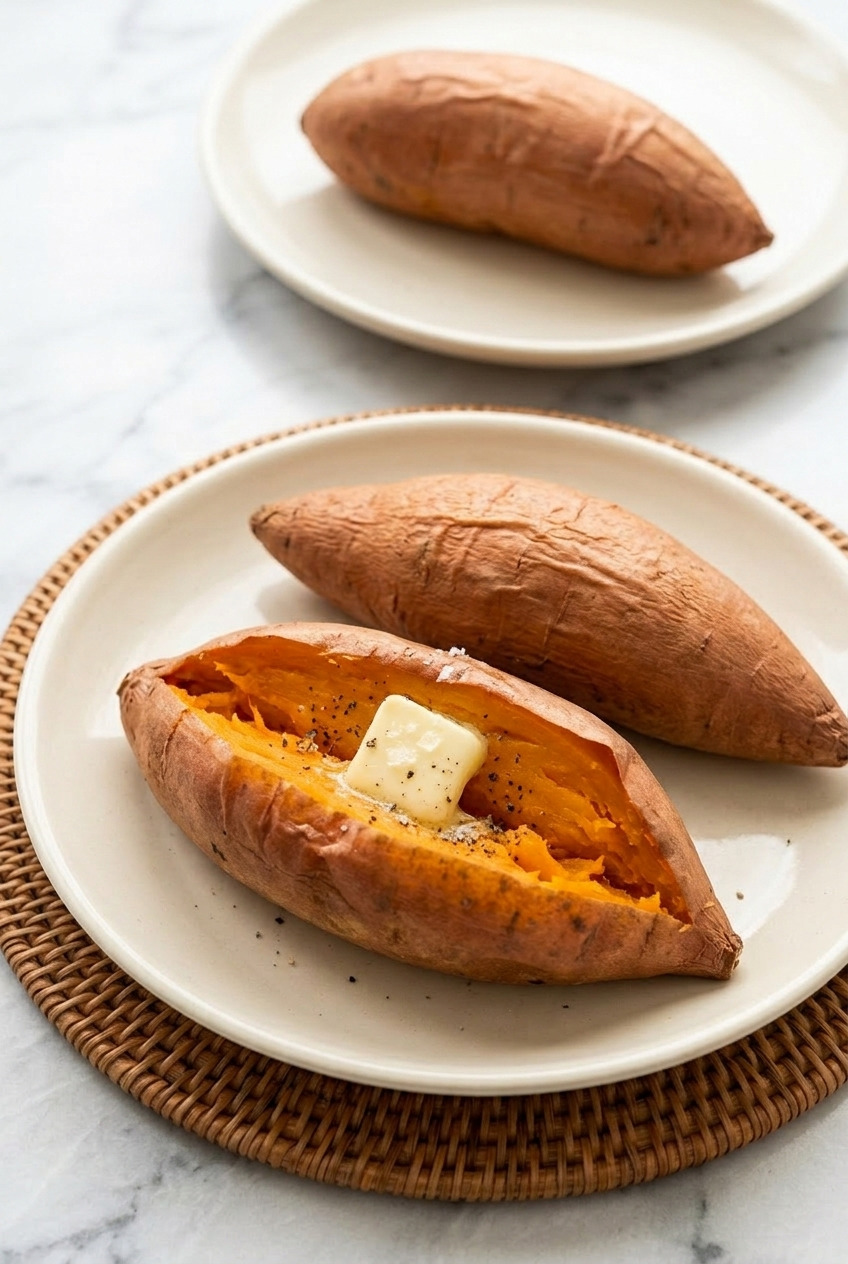 slow cooker whole baked sweet potatoes dinner scene
