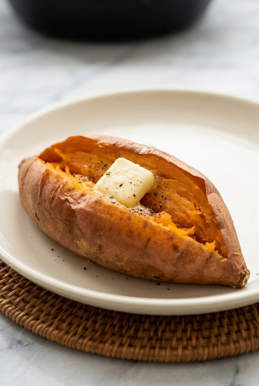 slow cooker whole baked sweet potatoes side view