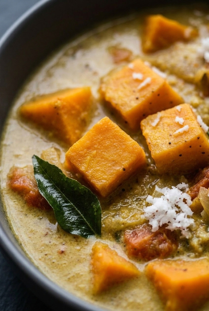south indian sweet potato curry with coconut close up
