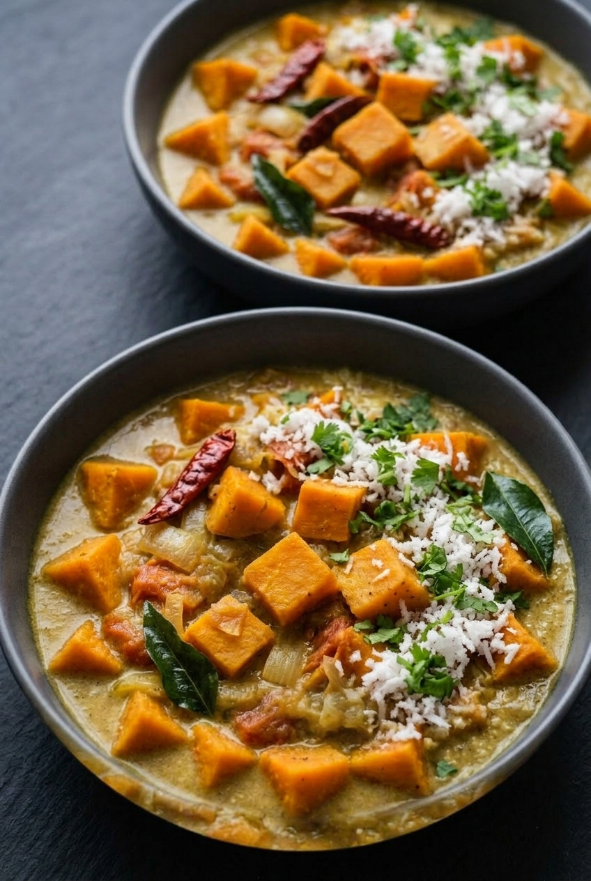 south indian sweet potato curry with coconut dinner scene