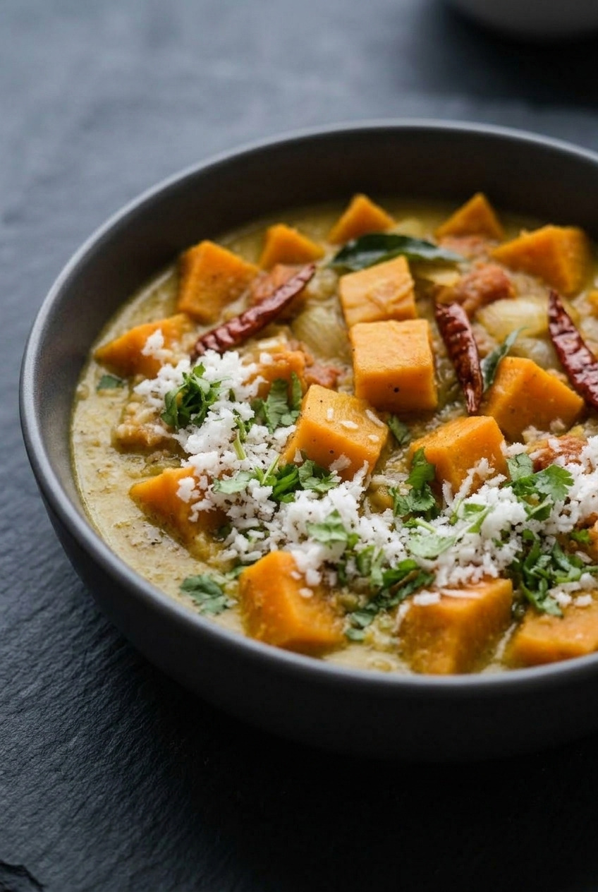 south indian sweet potato curry with coconut side view