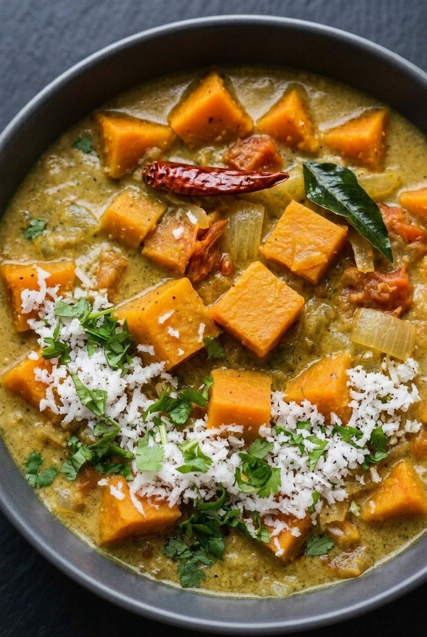 south indian sweet potato curry with coconut served