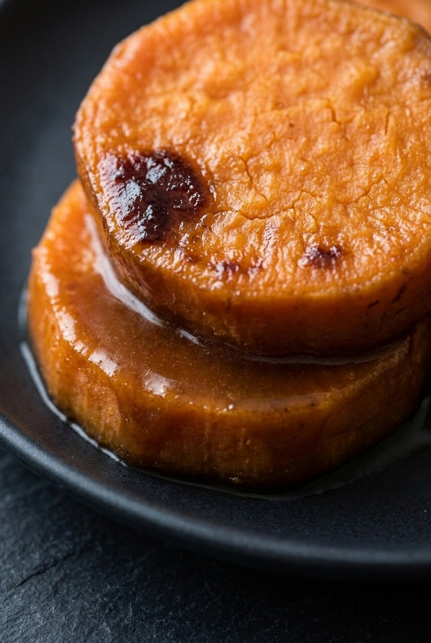 southern candied yams baked in brown sugar butter glaze close up