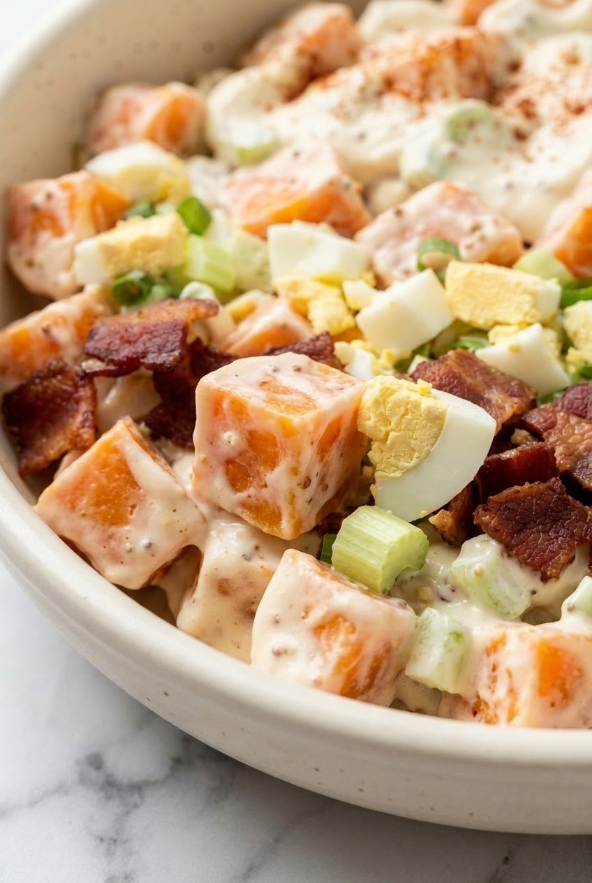 southern creamy sweet potato salad with bacon close up
