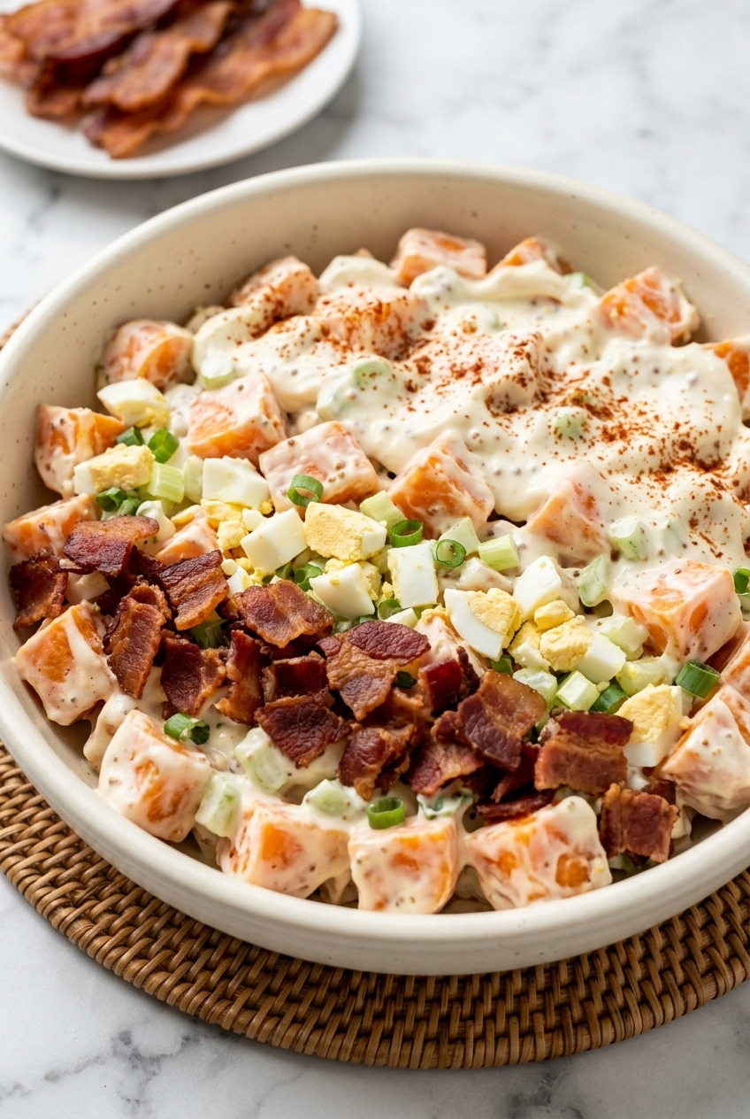 southern creamy sweet potato salad with bacon