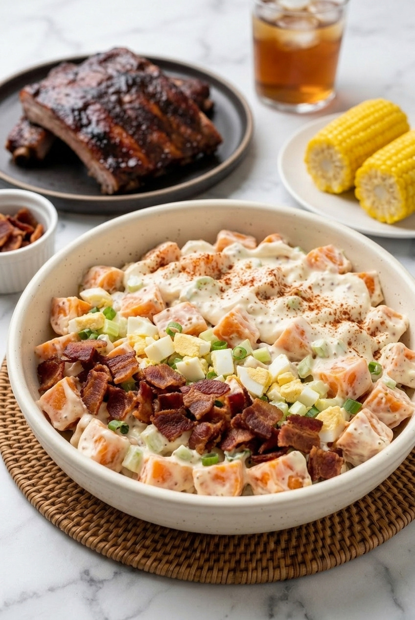 southern creamy sweet potato salad with bacon complete meal