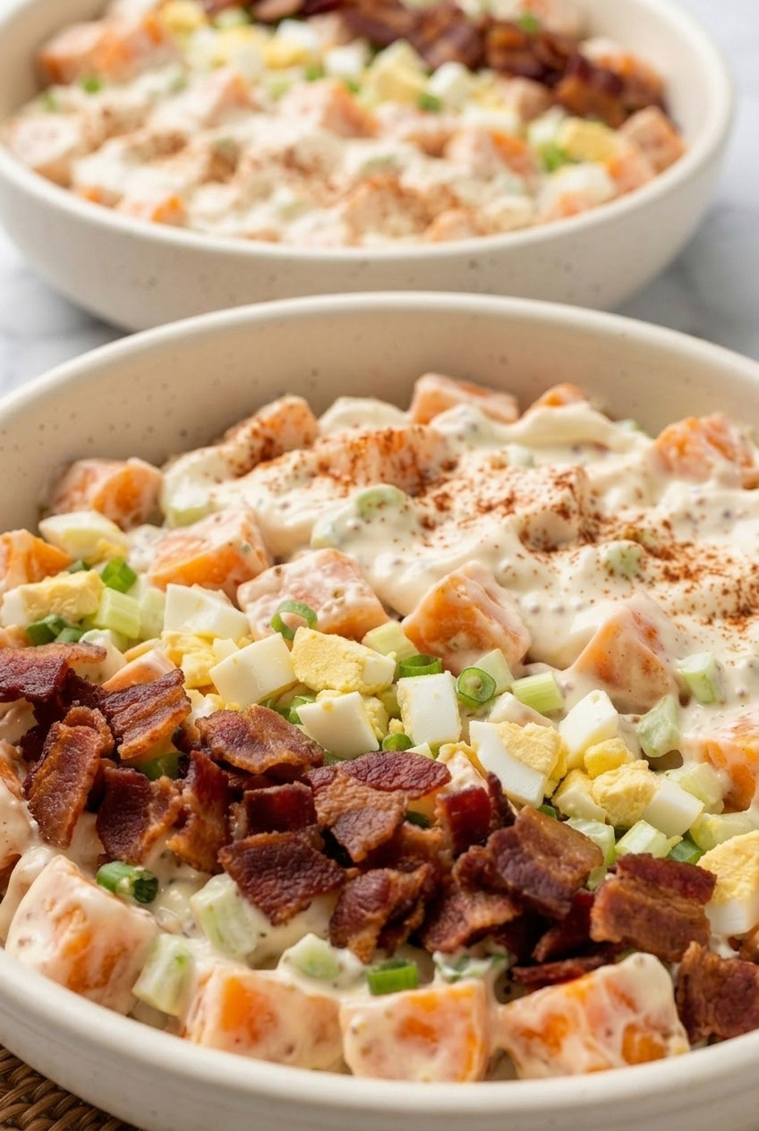 southern creamy sweet potato salad with bacon dinner scene