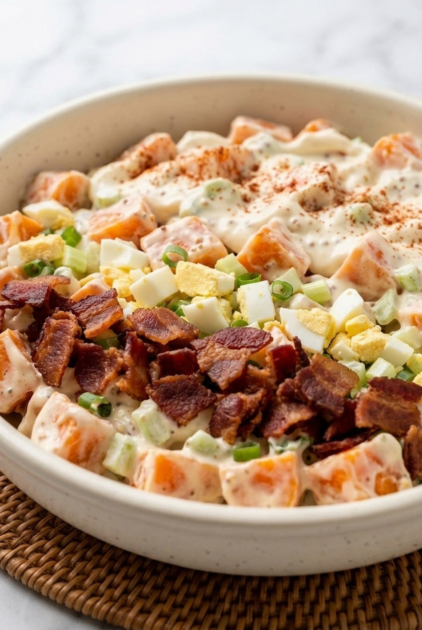 southern creamy sweet potato salad with bacon side view