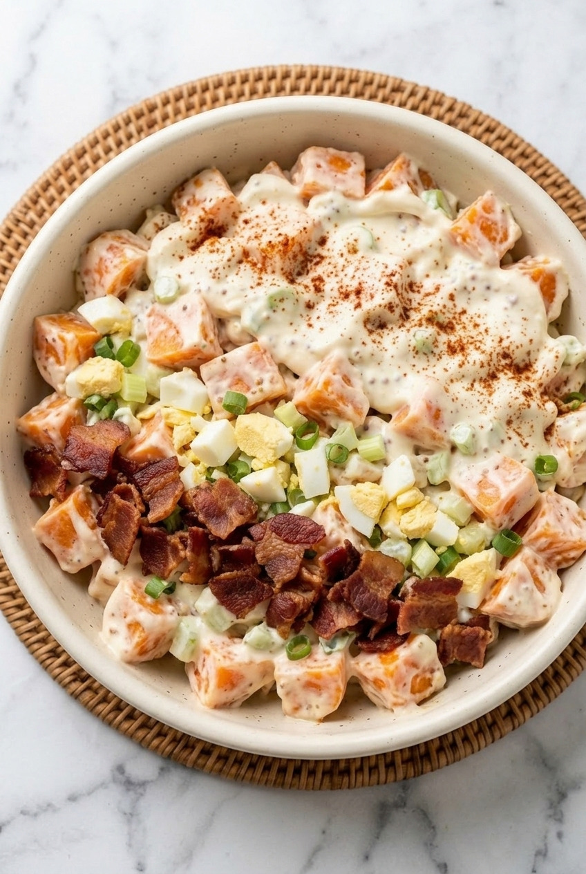 southern creamy sweet potato salad with bacon served