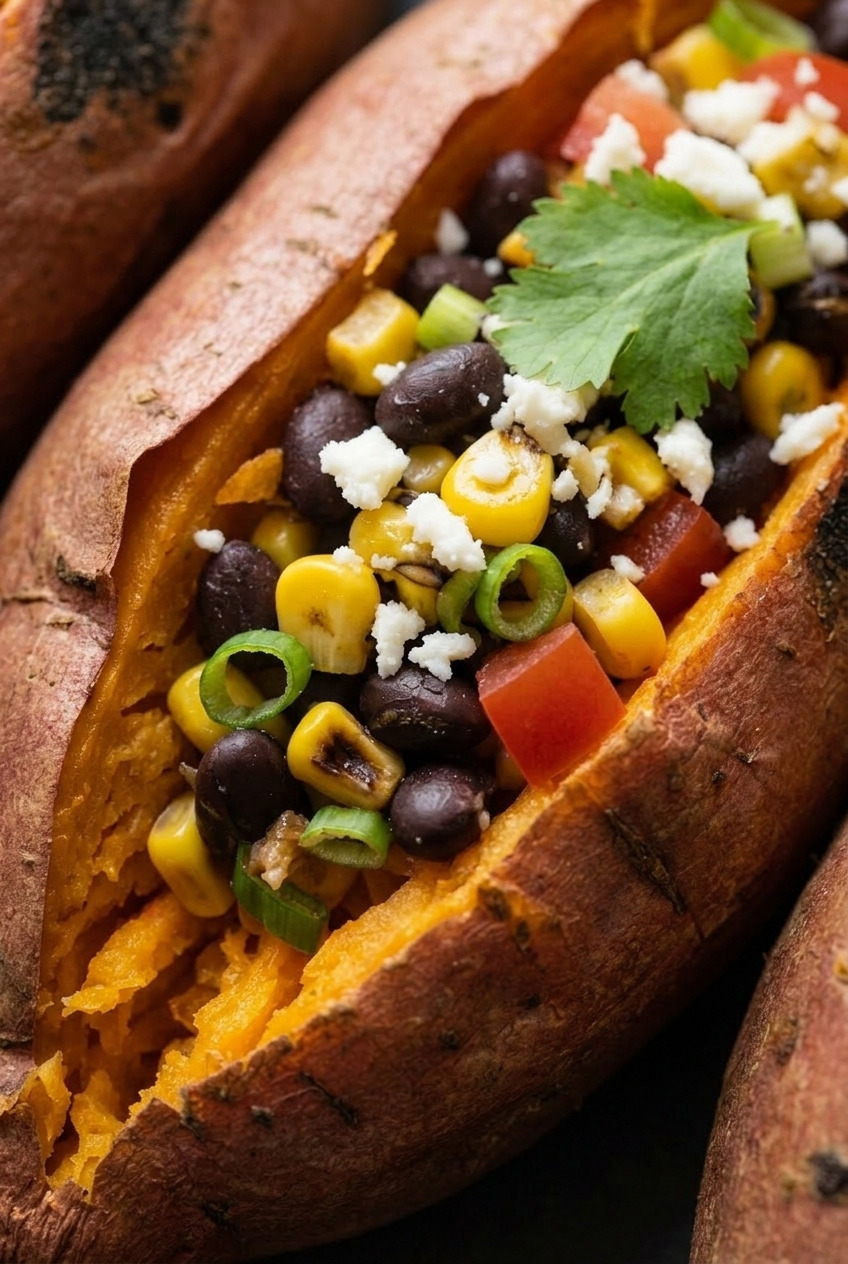 southwest stuffed sweet potatoes with corn and black bean salsa close up