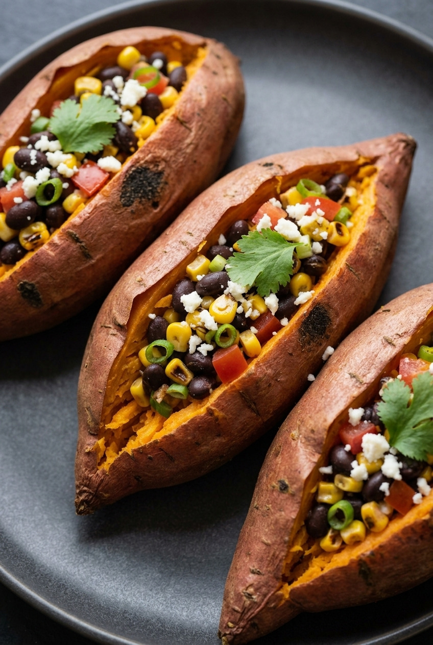 southwest stuffed sweet potatoes with corn and black bean salsa