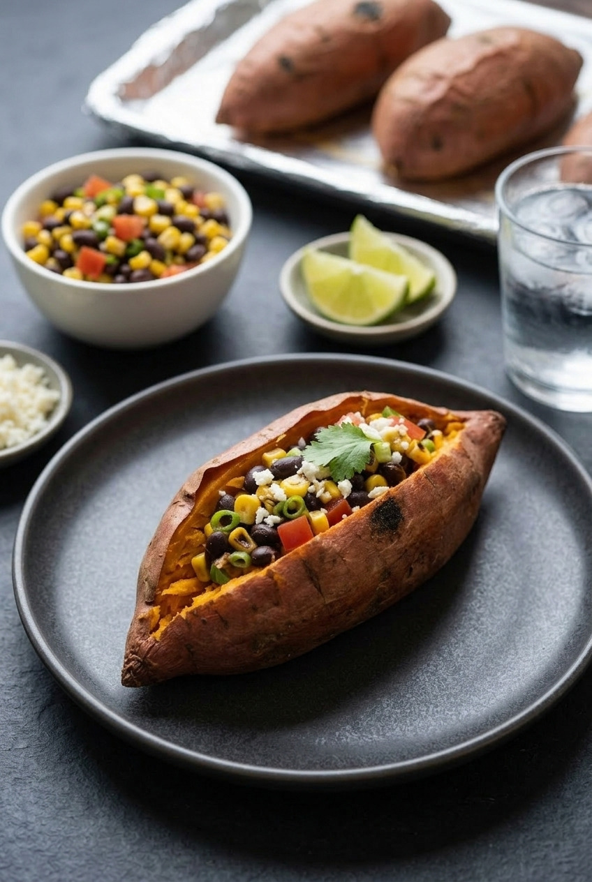 southwest stuffed sweet potatoes with corn and black bean salsa complete meal