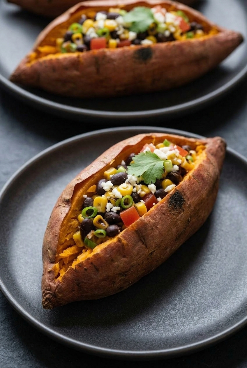southwest stuffed sweet potatoes with corn and black bean salsa dinner scene