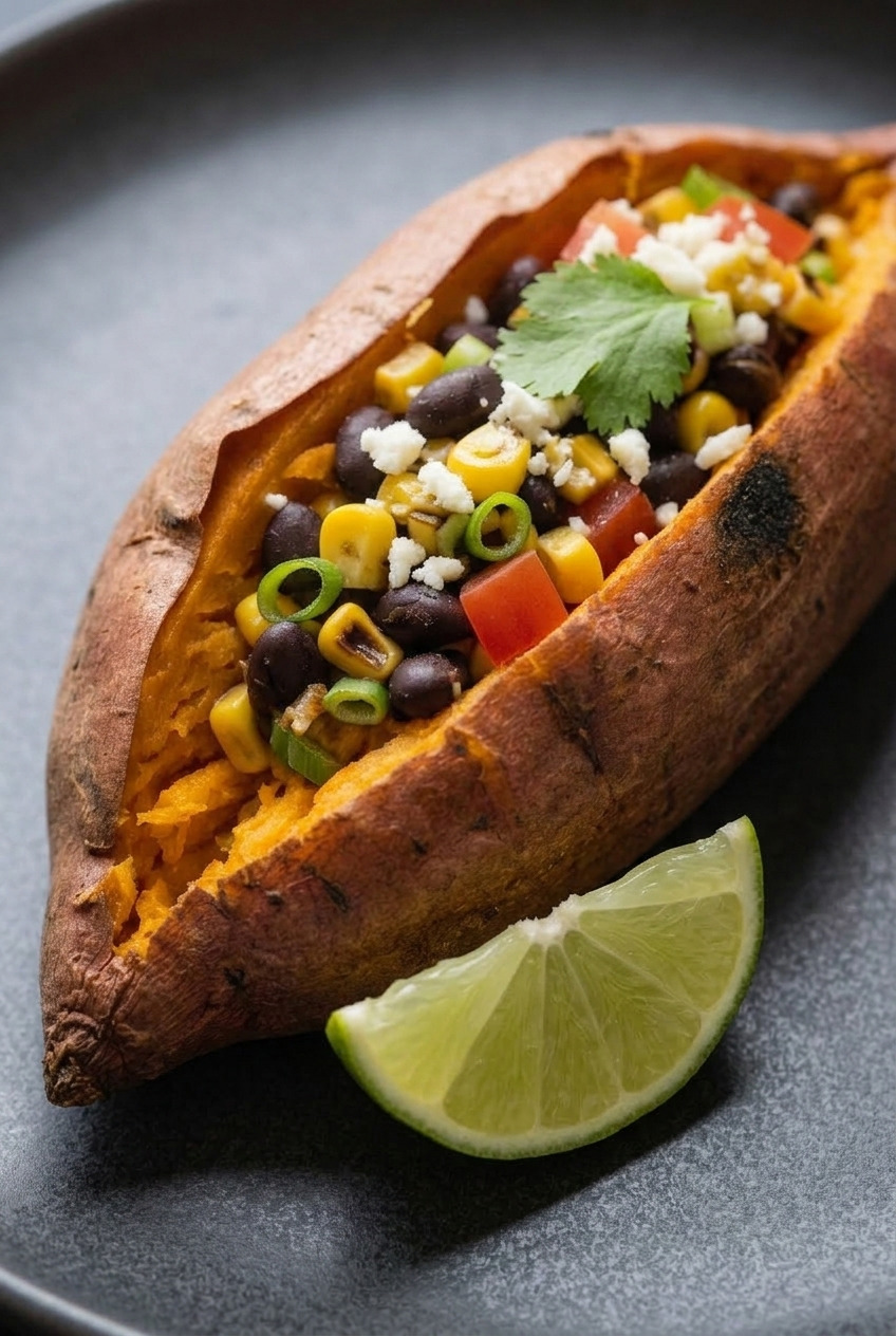 southwest stuffed sweet potatoes with corn and black bean salsa side view