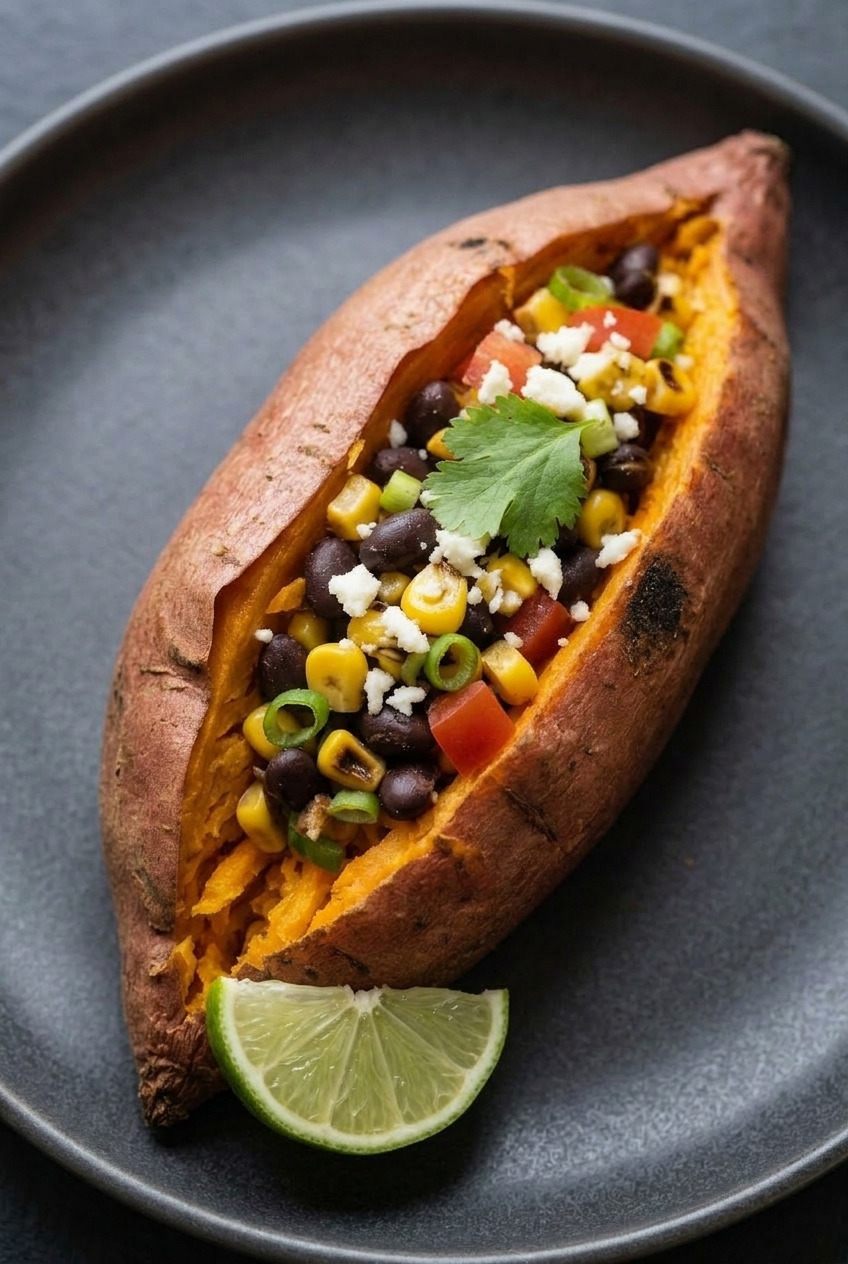 southwest stuffed sweet potatoes with corn and black bean salsa served
