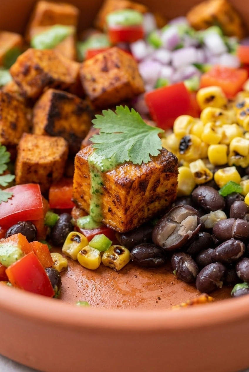 southwest sweet potato and black bean salad with cilantro lime dressing close up