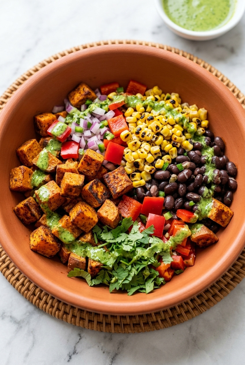 southwest sweet potato and black bean salad with cilantro lime dressing