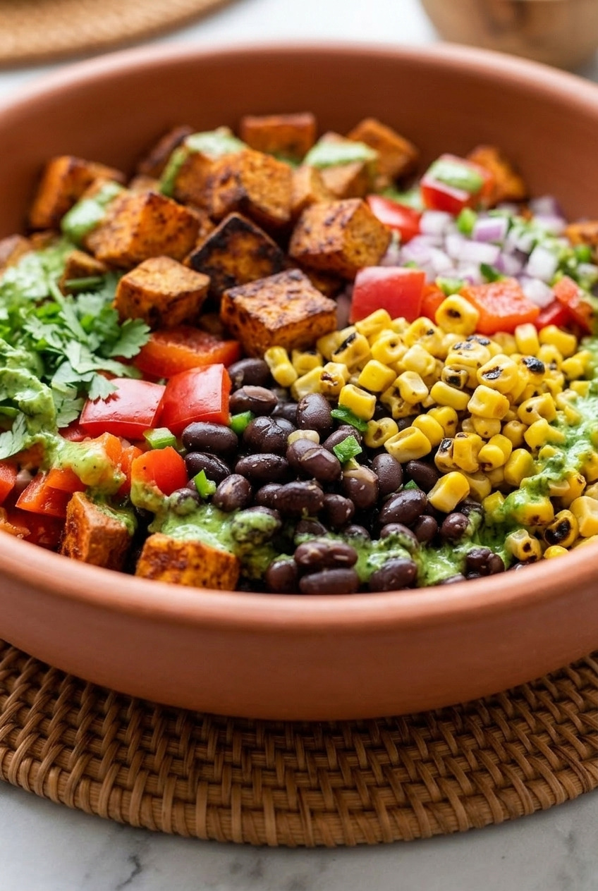 southwest sweet potato and black bean salad with cilantro lime dressing side view