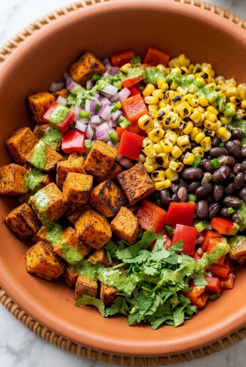 southwest sweet potato and black bean salad with cilantro lime dressing served