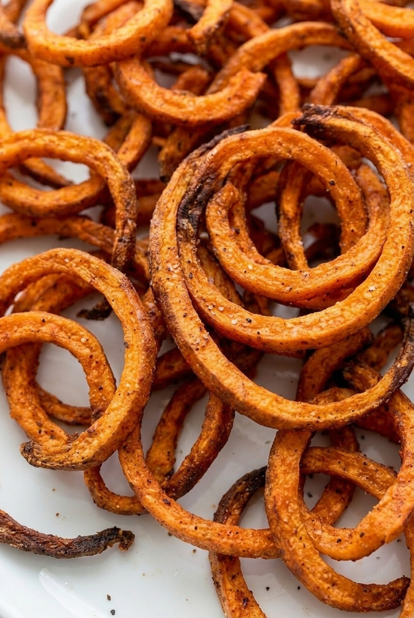 spiralized sweet potato fries close up