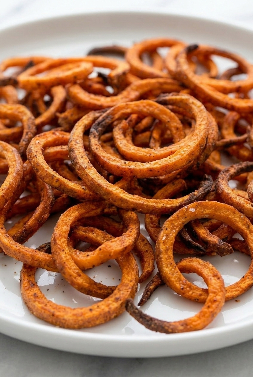 spiralized sweet potato fries side view