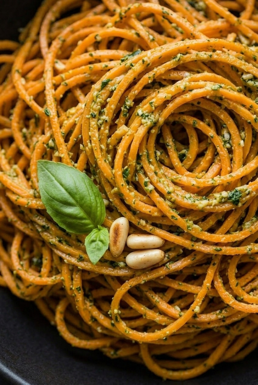 spiralized sweet potato noodles with pesto close up