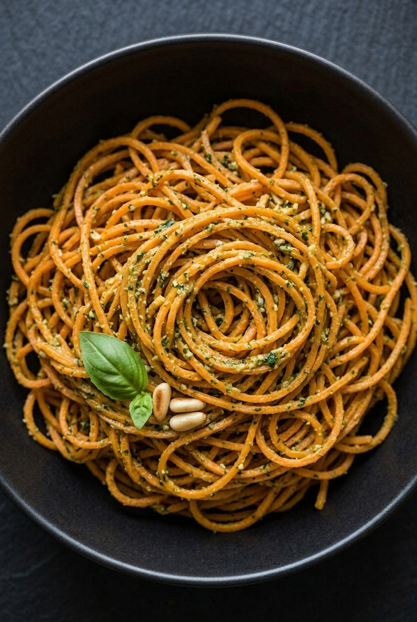 spiralized sweet potato noodles with pesto
