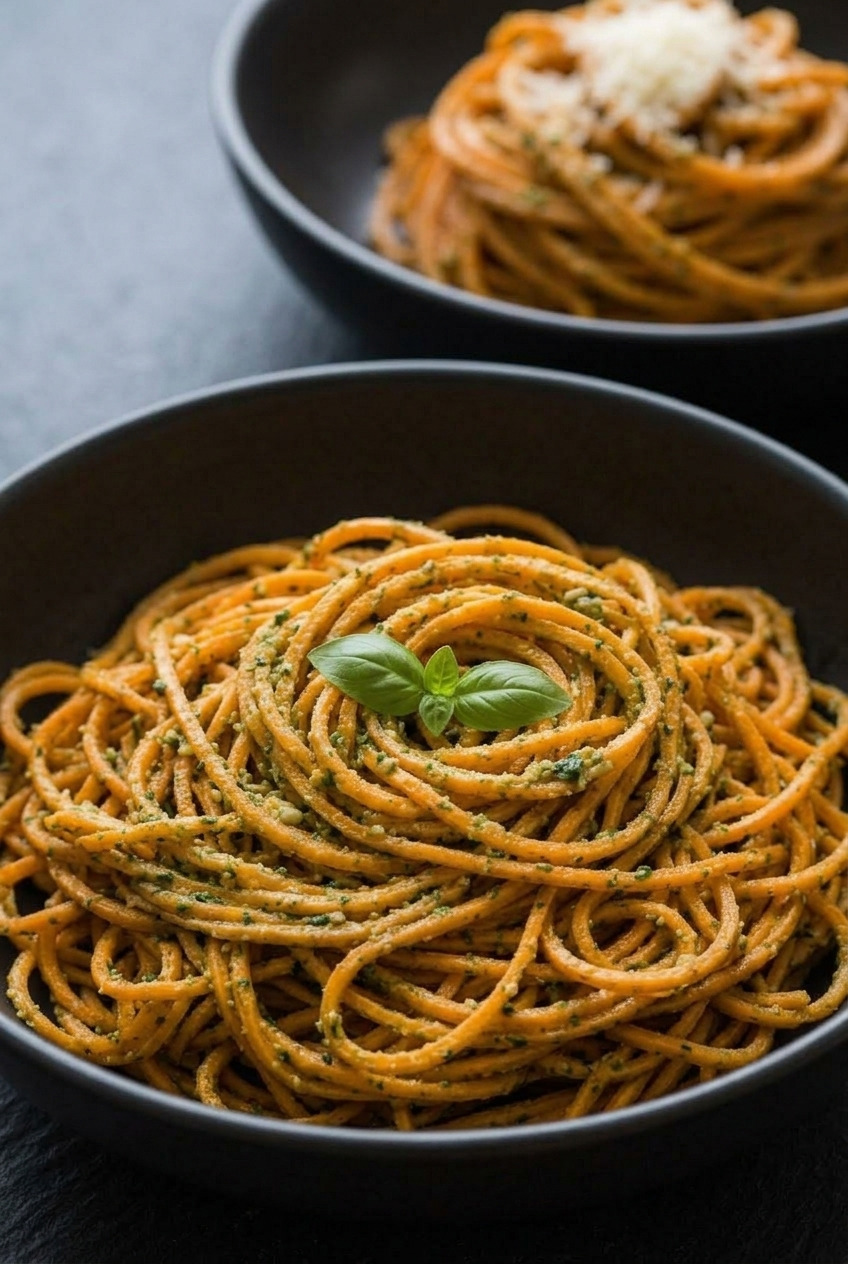 spiralized sweet potato noodles with pesto dinner scene