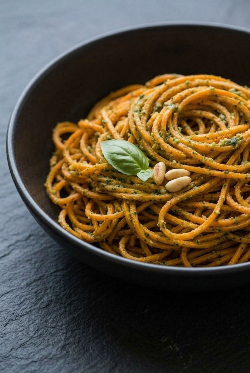 spiralized sweet potato noodles with pesto side view