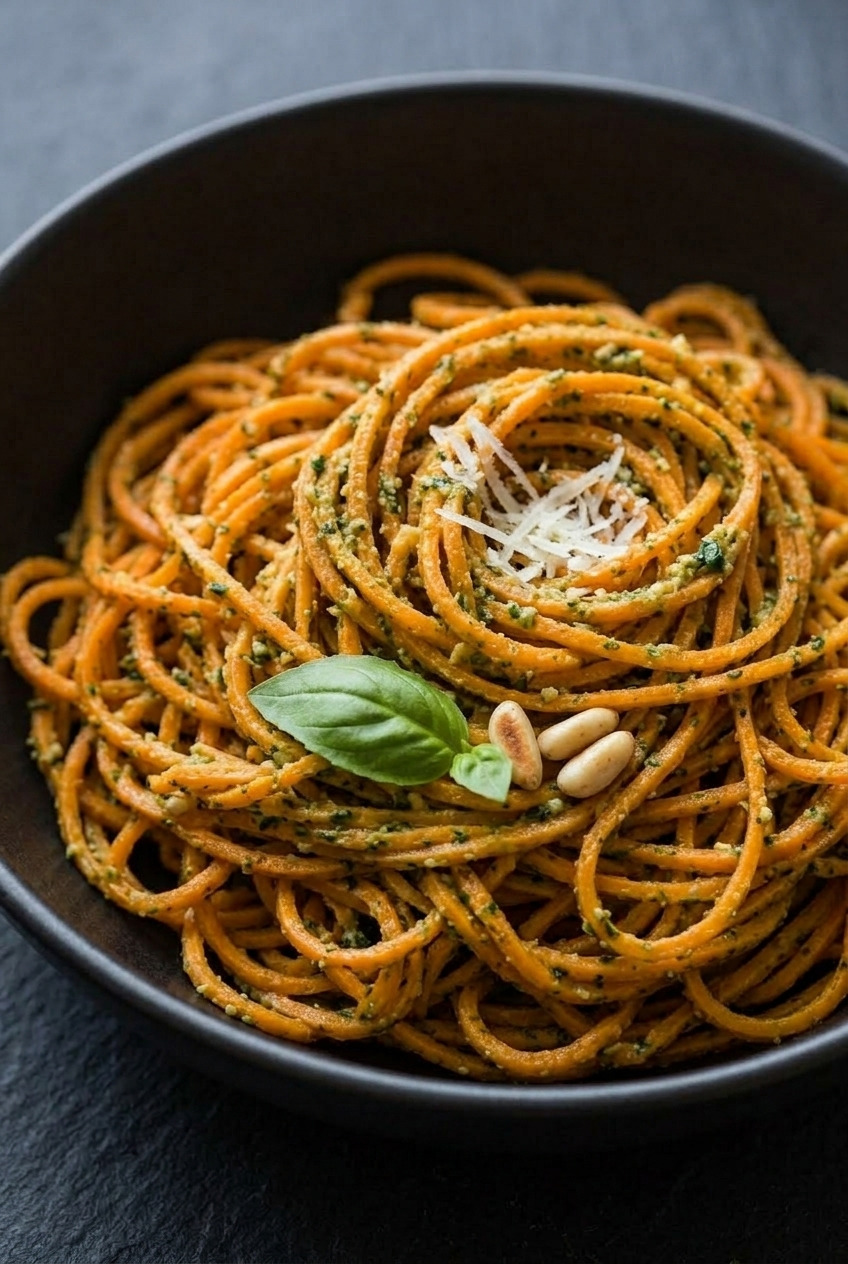 spiralized sweet potato noodles with pesto served