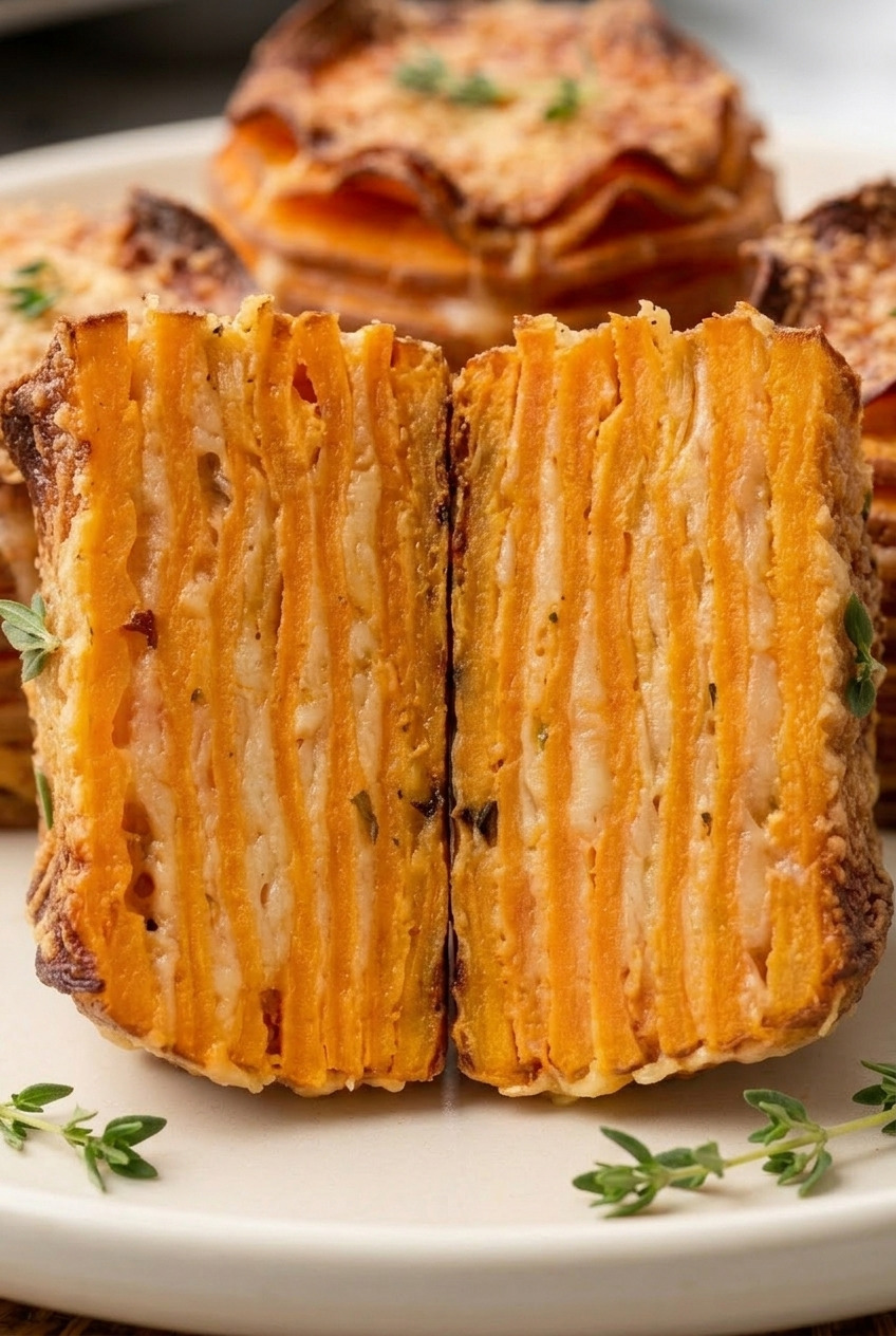 stacked sweet potato gratin muffin tin rounds close up