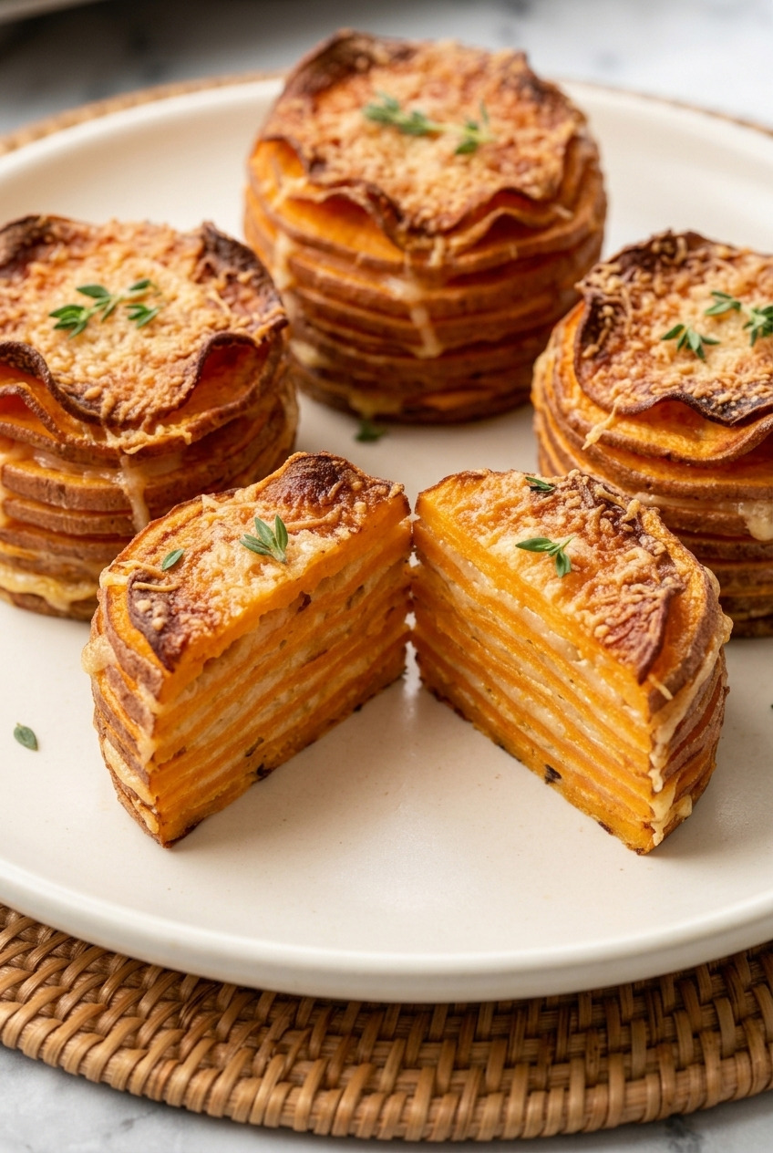 stacked sweet potato gratin muffin tin rounds