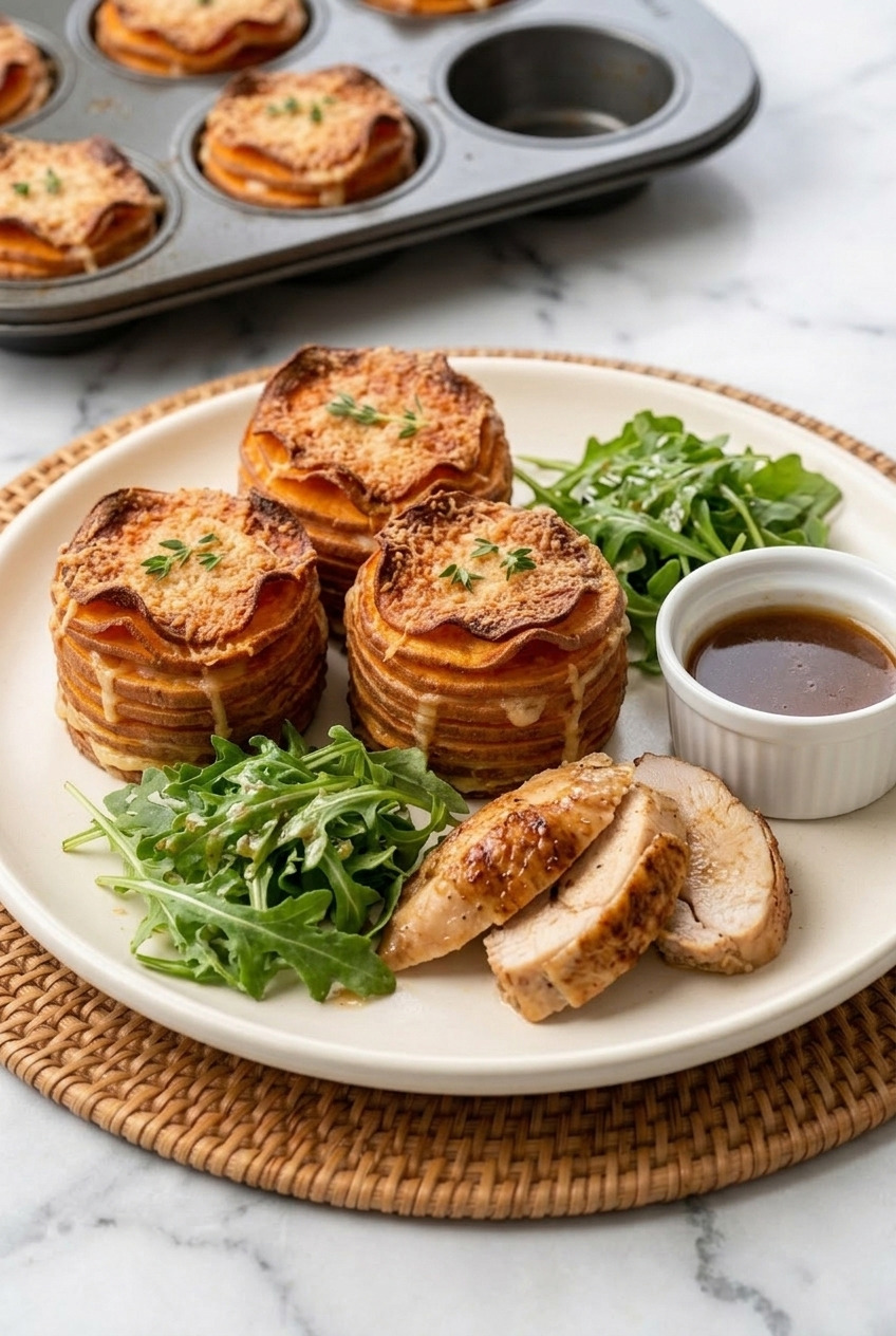stacked sweet potato gratin muffin tin rounds complete meal