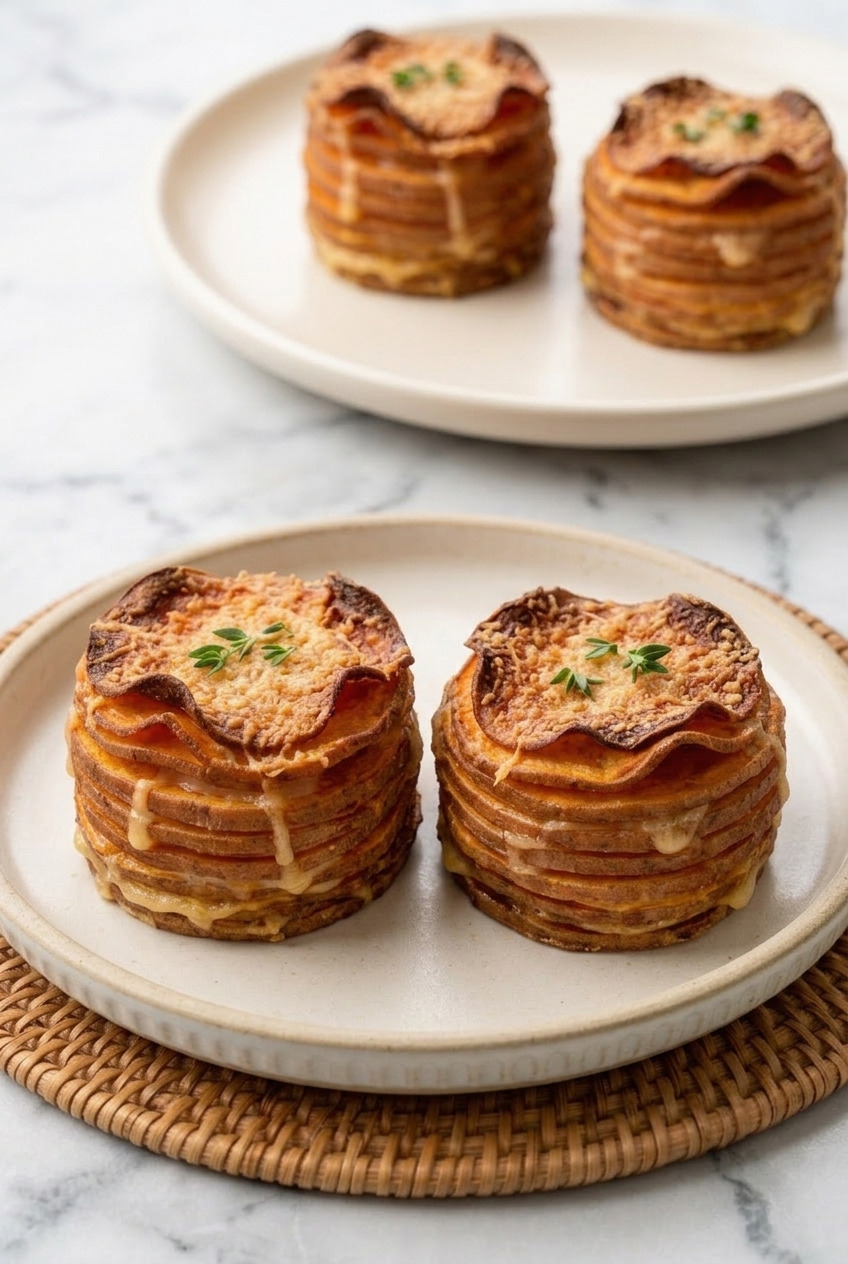 stacked sweet potato gratin muffin tin rounds dinner scene