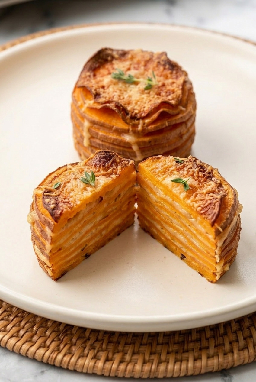 stacked sweet potato gratin muffin tin rounds side view