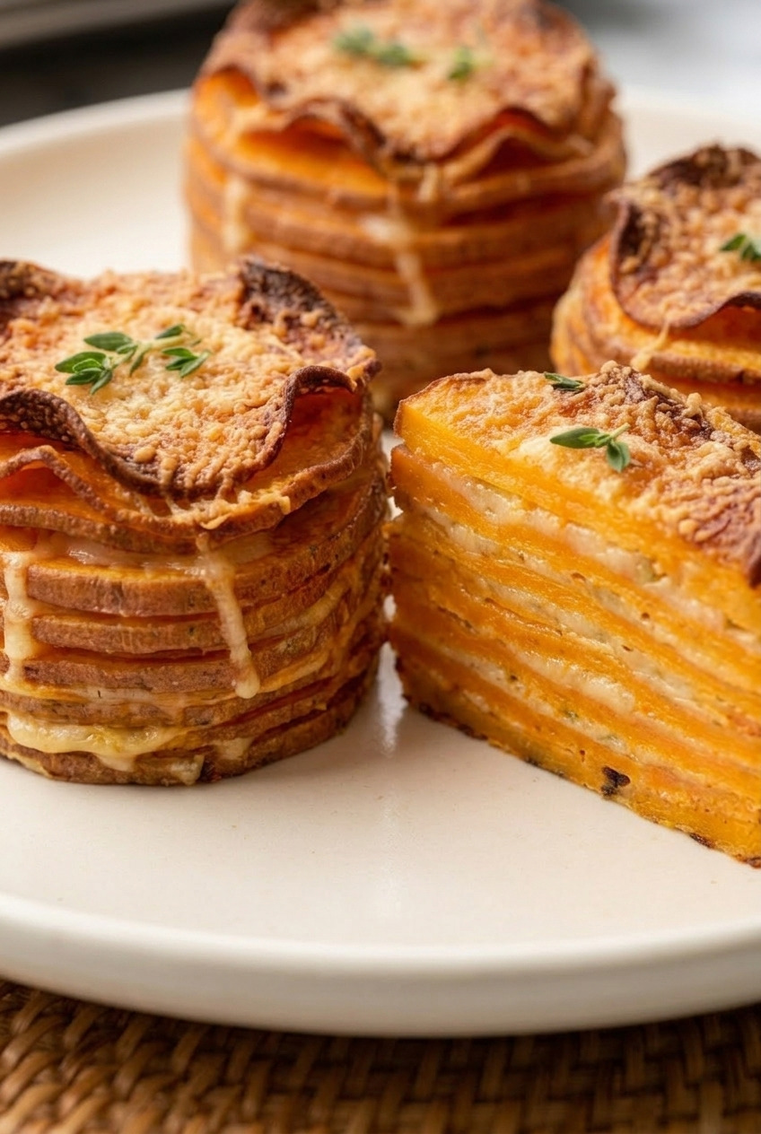stacked sweet potato gratin muffin tin rounds served