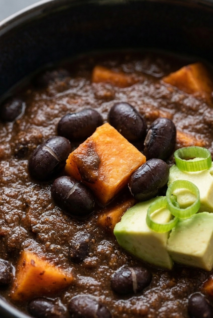 sweet potato and black bean chili close up