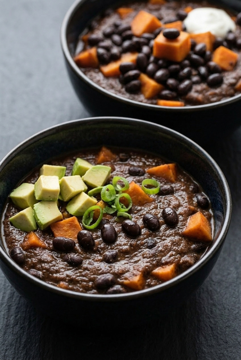 sweet potato and black bean chili dinner scene
