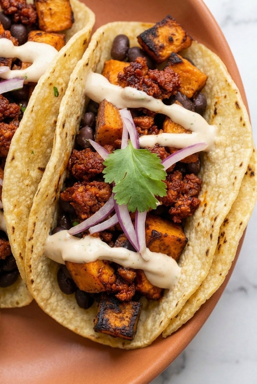 sweet potato and chorizo tacos with lime crema close up