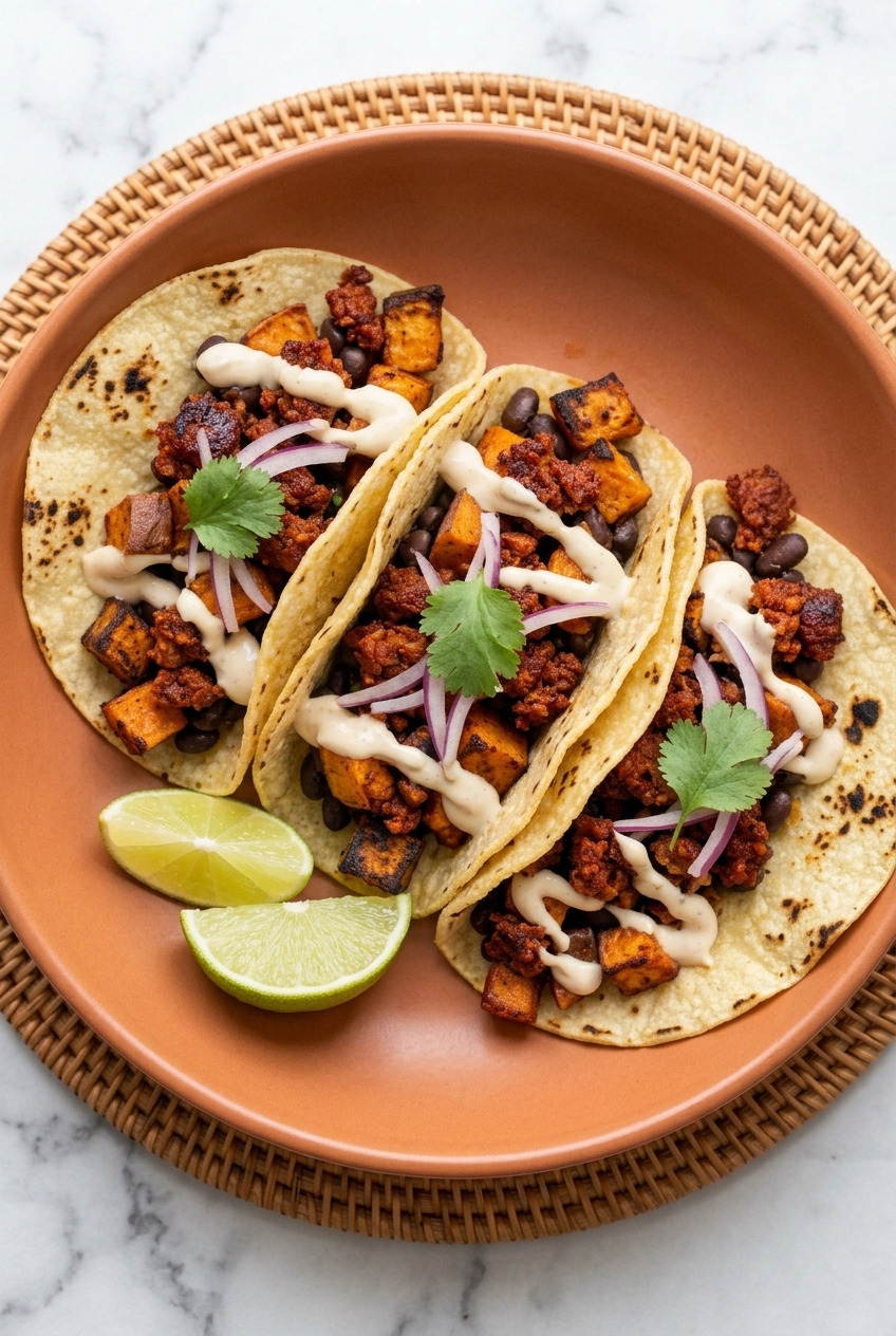 sweet potato and chorizo tacos with lime crema
