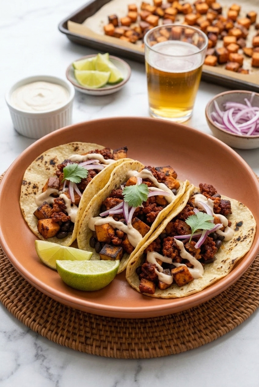 sweet potato and chorizo tacos with lime crema complete meal