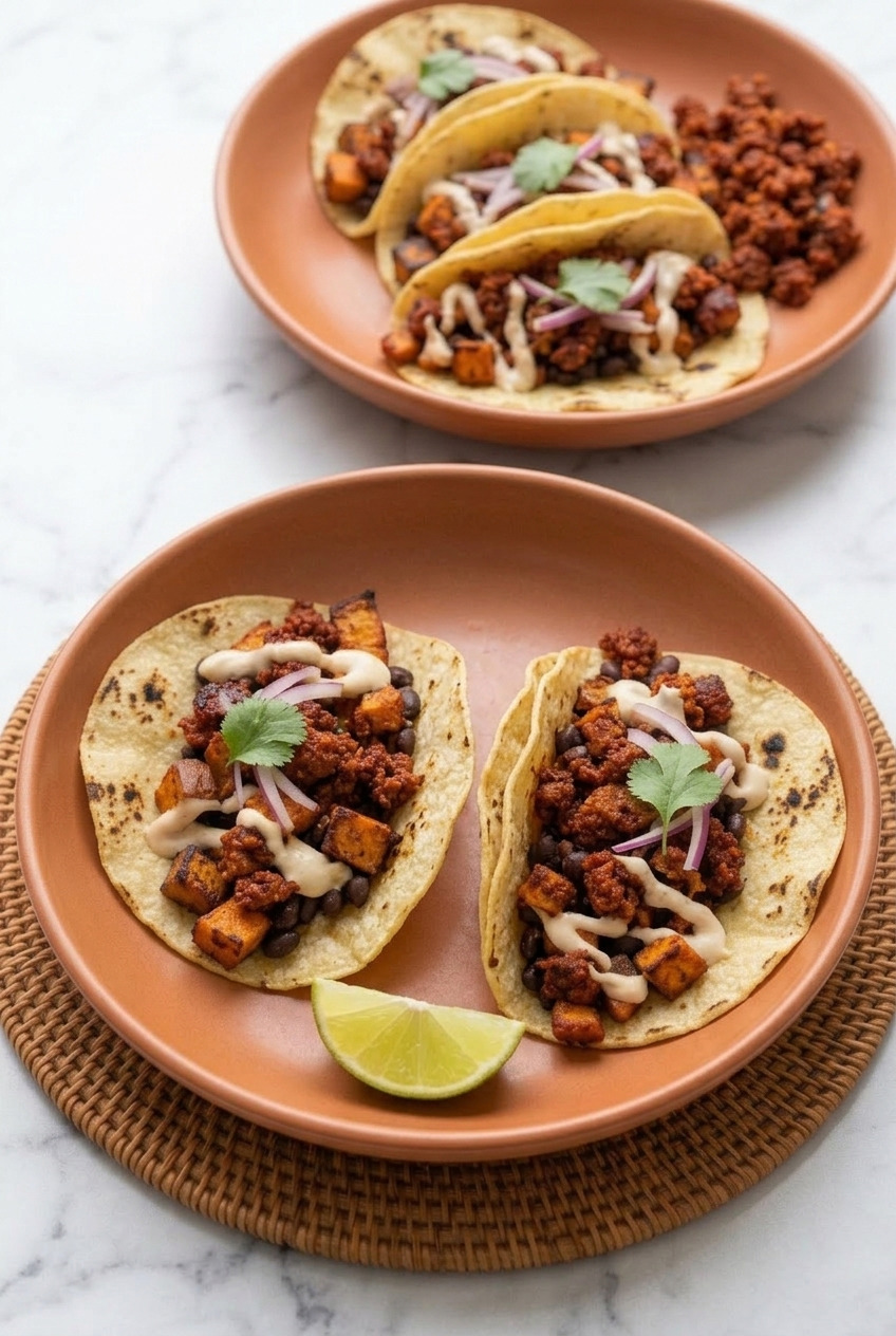sweet potato and chorizo tacos with lime crema dinner scene