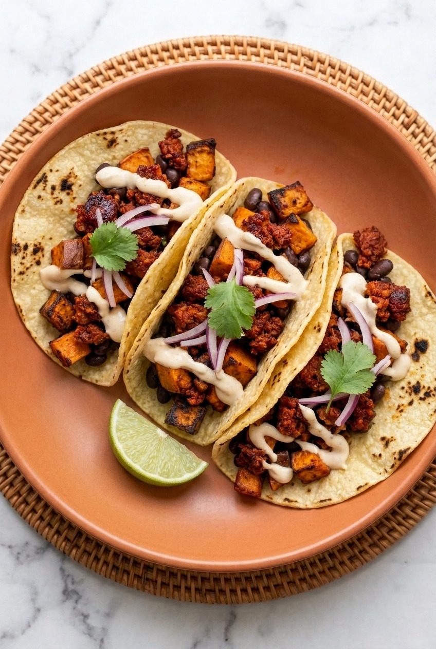 sweet potato and chorizo tacos with lime crema side view