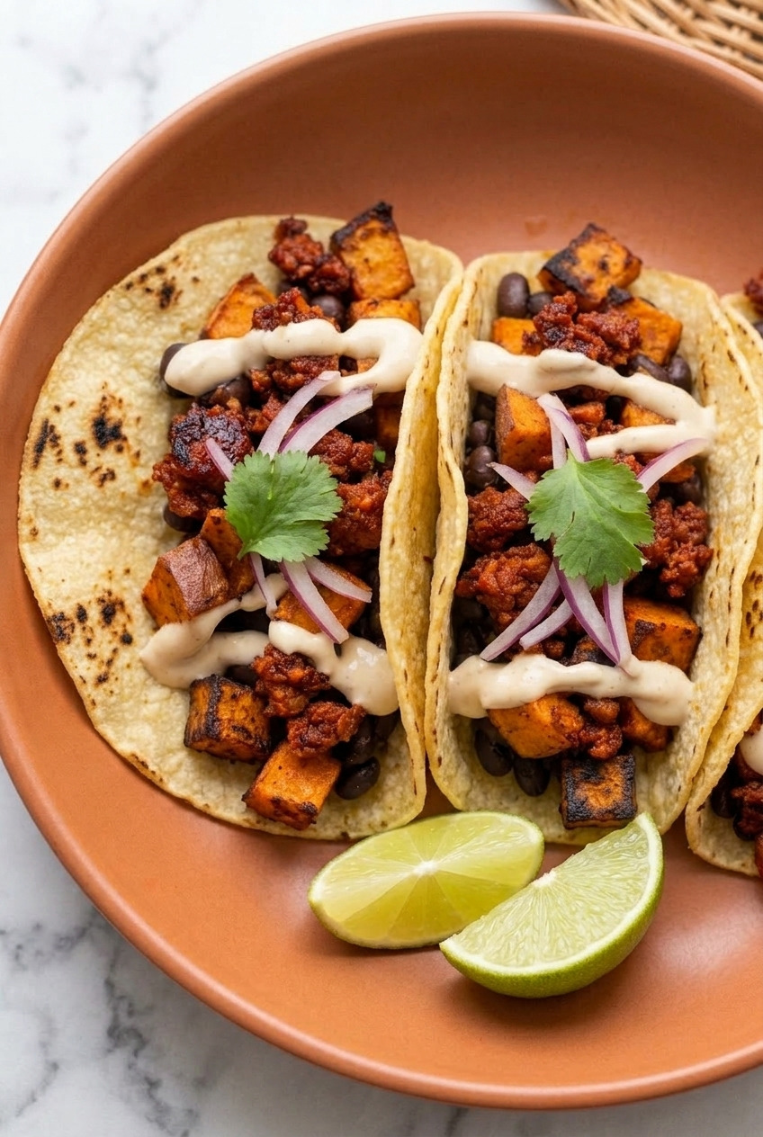 sweet potato and chorizo tacos with lime crema served
