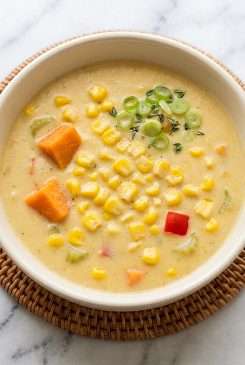 sweet potato and corn chowder served