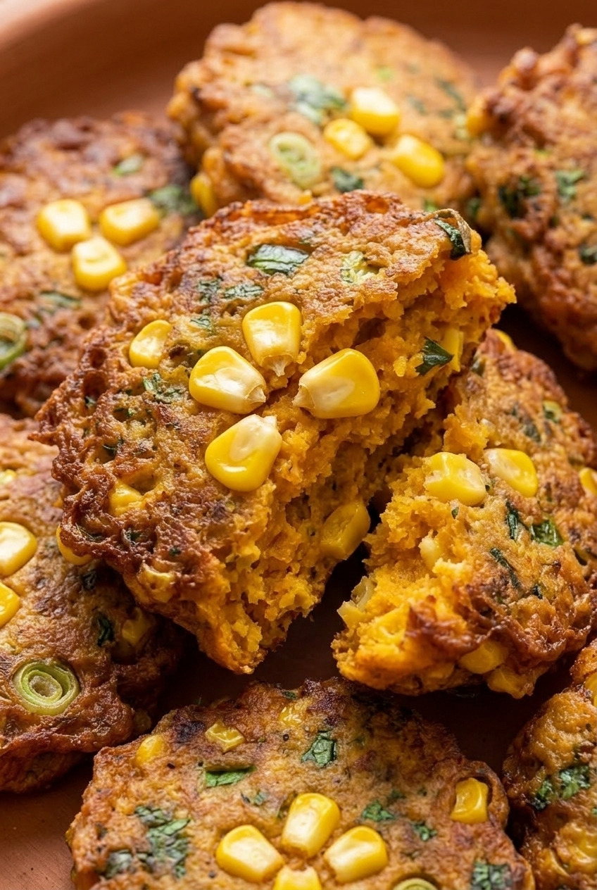 sweet potato and corn fritters close up